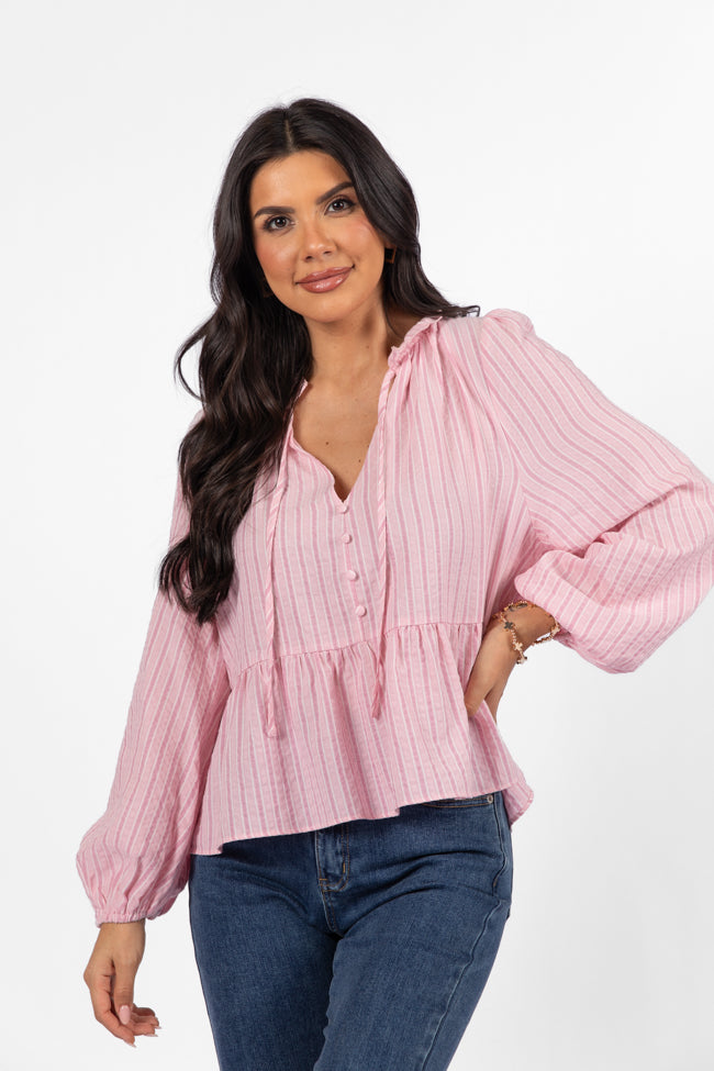 Oh My Darling Pink Stripe Notched Neckline Button Detail Peplum Blouse