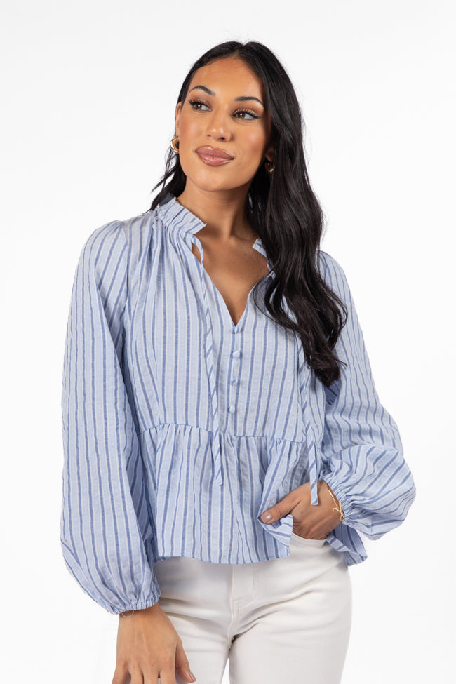 Fade Into You Blue Stripe Notched Neckline Button Detail Peplum Blouse