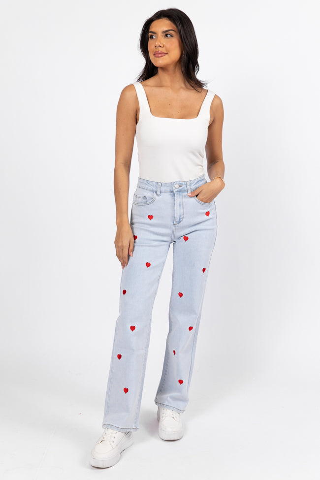 Merritt Light Wash Heart Embroidered Straight Leg Jeans