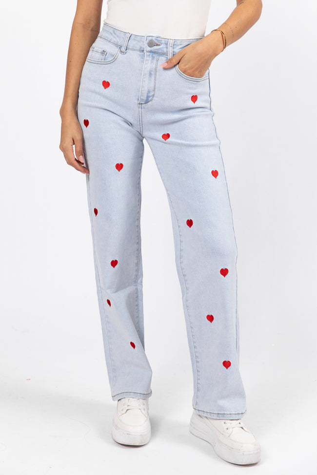 Merritt Light Wash Heart Embroidered Straight Leg Jeans