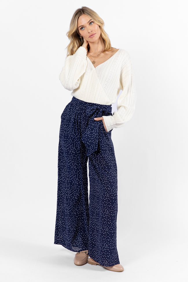 Over The Blues Navy Polka Dot Belted Wide Leg Pants - Coming Soon