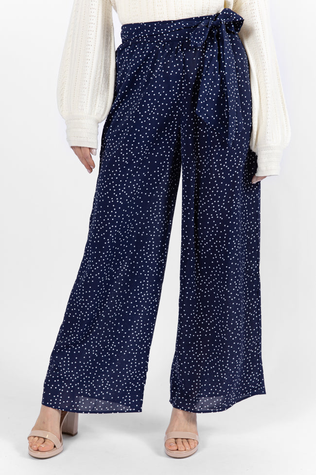 Over The Blues Navy Polka Dot Belted Wide Leg Pants - Coming Soon