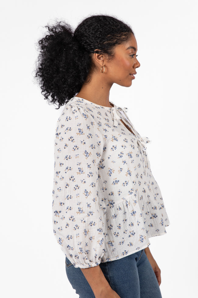 Close To Me Ivory and Blue Bow Detail Floral Blouse