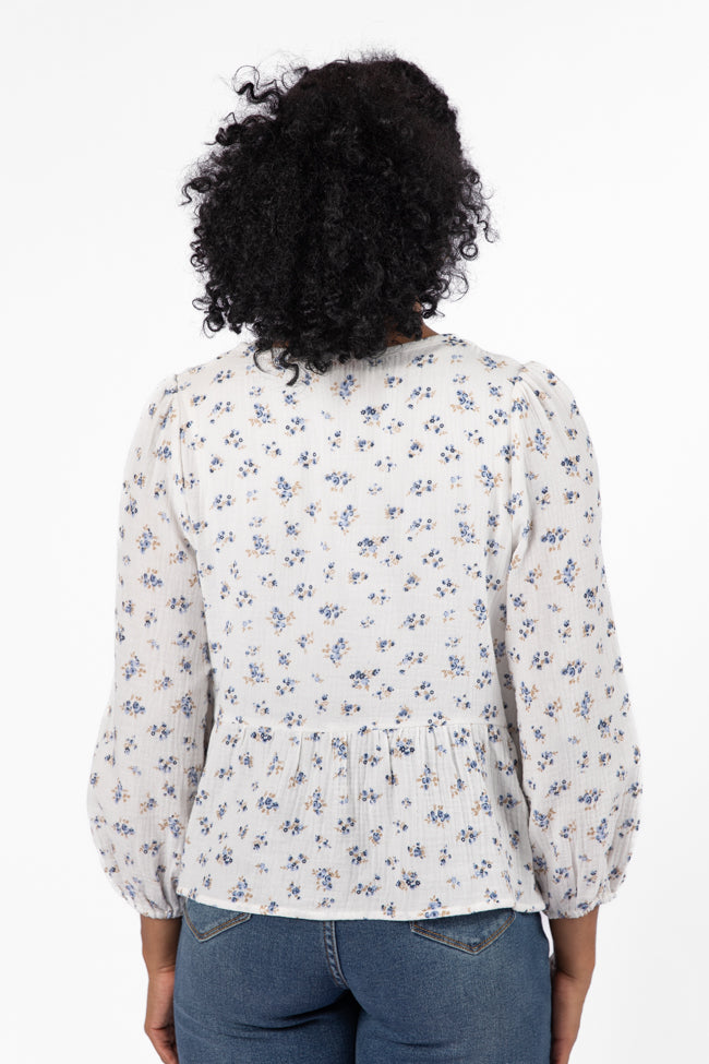 Close To Me Ivory and Blue Bow Detail Floral Blouse