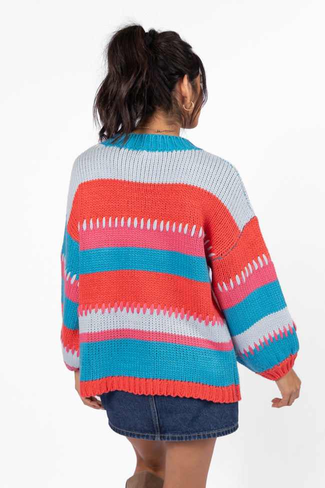 Something Extra Blue Multi Stripe Chunky Knit Stitch Detail Sweater