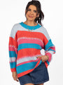 Something Extra Blue Multi Stripe Chunky Knit Stitch Detail Sweater