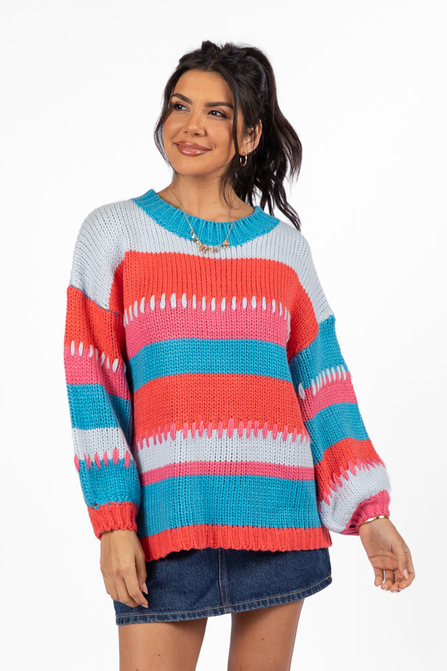 Something Extra Blue Multi Stripe Chunky Knit Stitch Detail Sweater