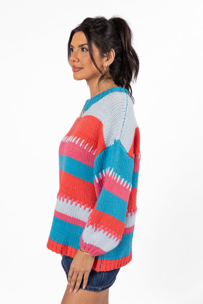 Something Extra Blue Multi Stripe Chunky Knit Stitch Detail Sweater