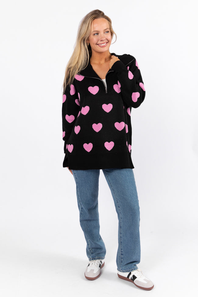 Pulling Heartstrings Black and Pink Heart Print Quarter Zip Pullover FINAL SALE