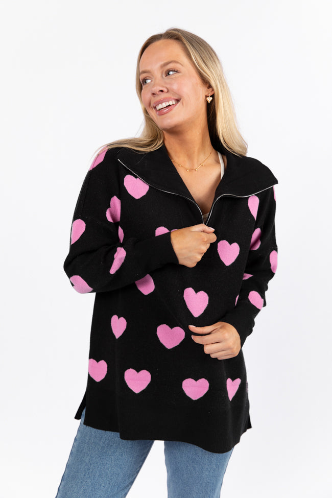 Pulling Heartstrings Black and Pink Heart Print Quarter Zip Pullover F ...