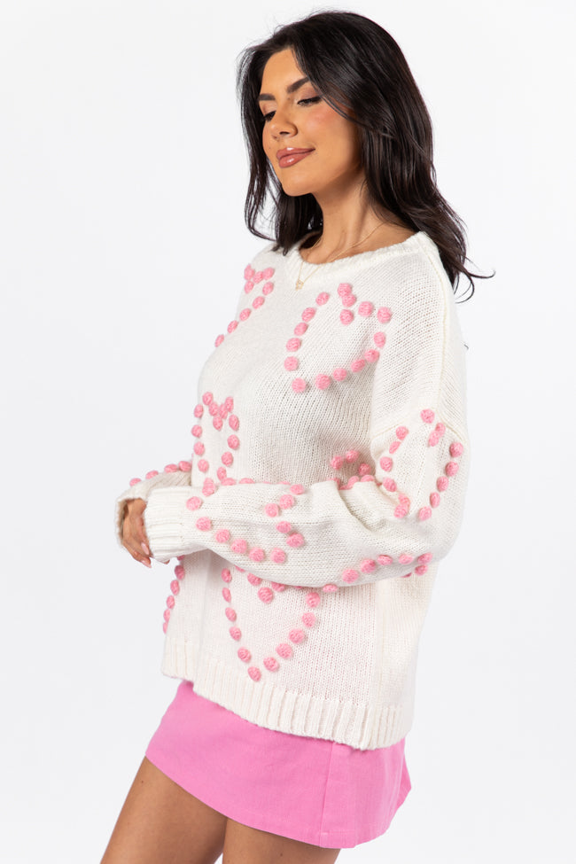 Adore You Ivory and Pink Oversized Heart Pom Sweater - Coming Soon