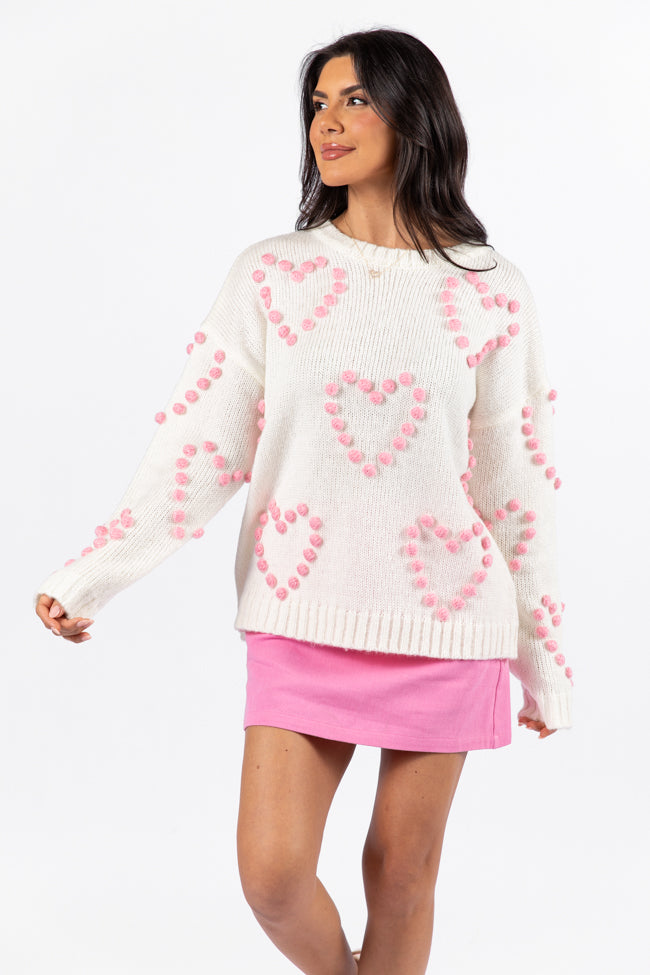 Adore You Ivory and Pink Oversized Heart Pom Sweater - Coming Soon