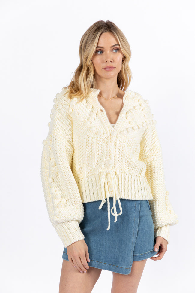 Pom Party Cream Chunky Cinched Waist Cardigan