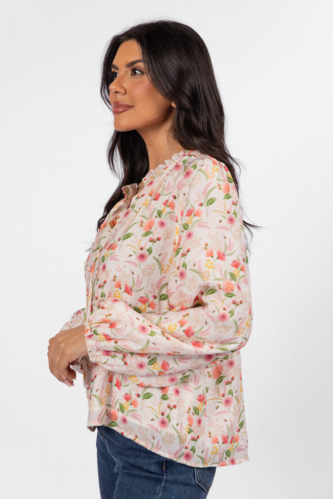 Fade Into You Ivory Multi Button Detail Floral Blouse