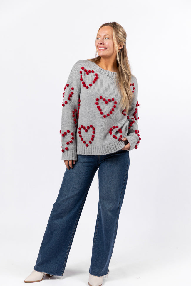 Adore You Grey and Red Oversized Heart Pom Sweater Kalee Rogers X Pink Lily