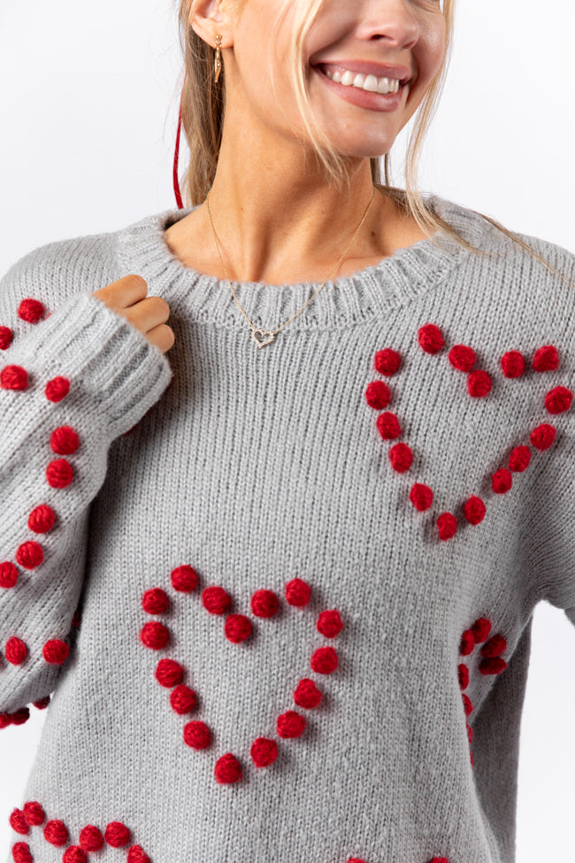 Adore You Grey and Red Oversized Heart Pom Sweater Kalee Rogers X Pink Lily