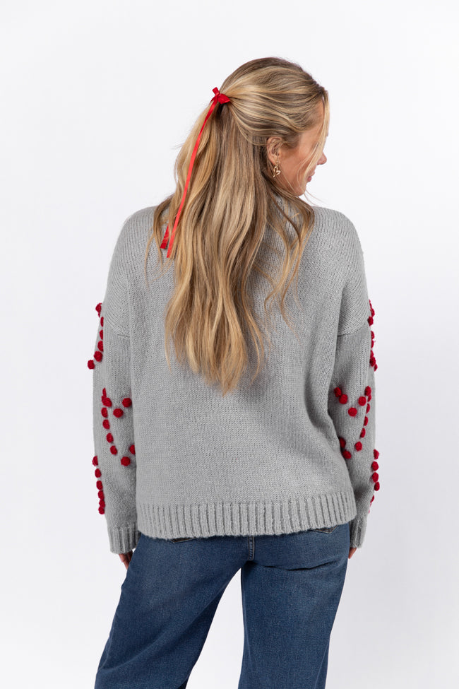 Adore You Grey and Red Oversized Heart Pom Sweater Kalee Rogers X Pink Lily