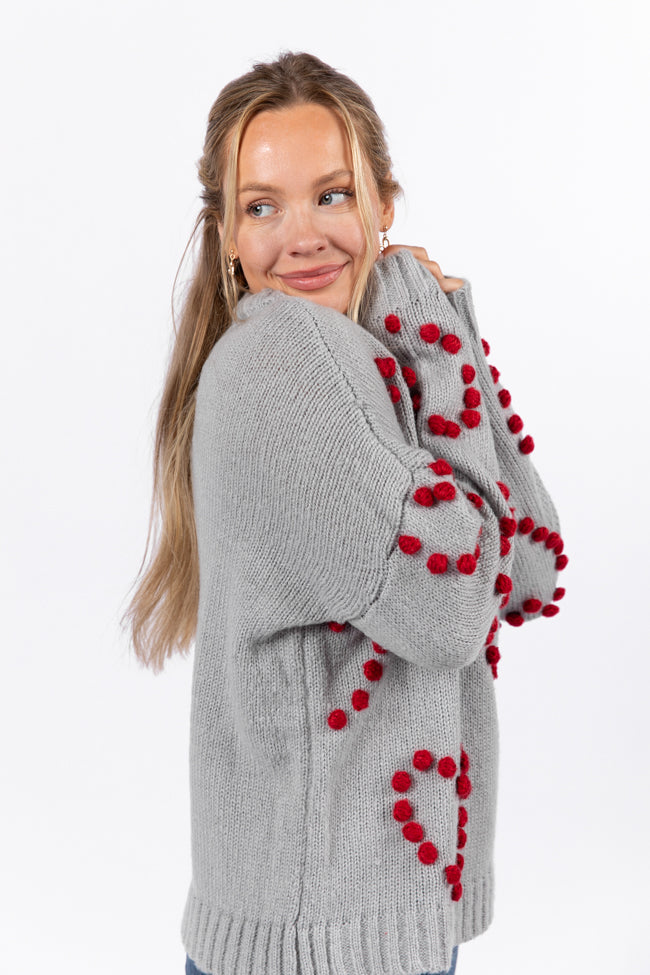 Adore You Grey and Red Oversized Heart Pom Sweater Kalee Rogers X Pink Lily