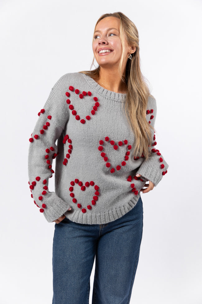 Adore You Grey and Red Oversized Heart Pom Sweater Kalee Rogers X Pink Lily