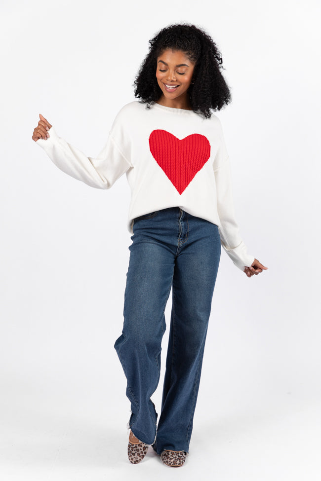 In My Heart Ivory and Red Cable Knit Heart Sweater FINAL SALE