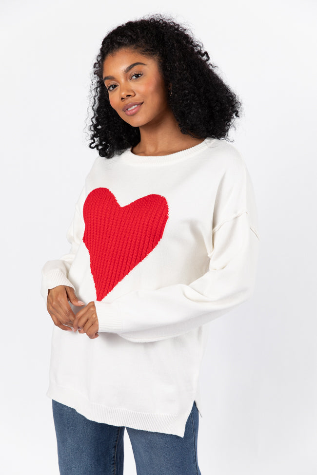 In My Heart Ivory and Red Cable Knit Heart Sweater FINAL SALE