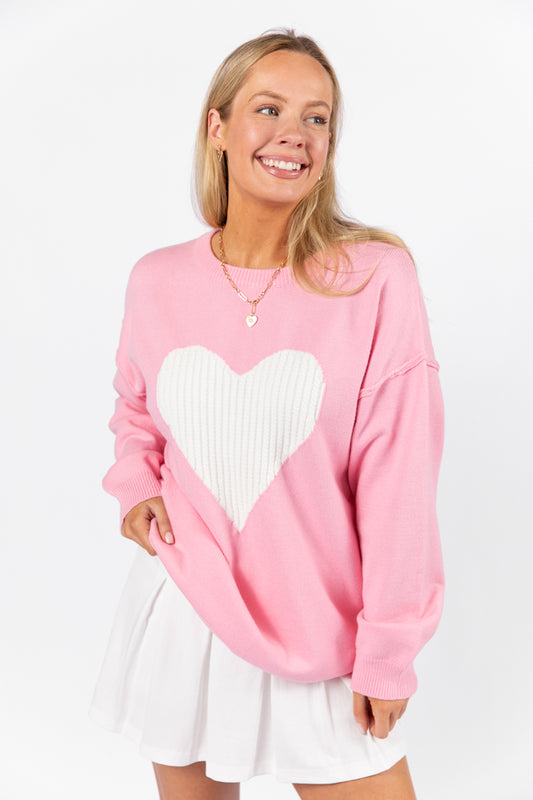 In My Heart Pink and Ivory Cable Knit Heart Sweater SALE