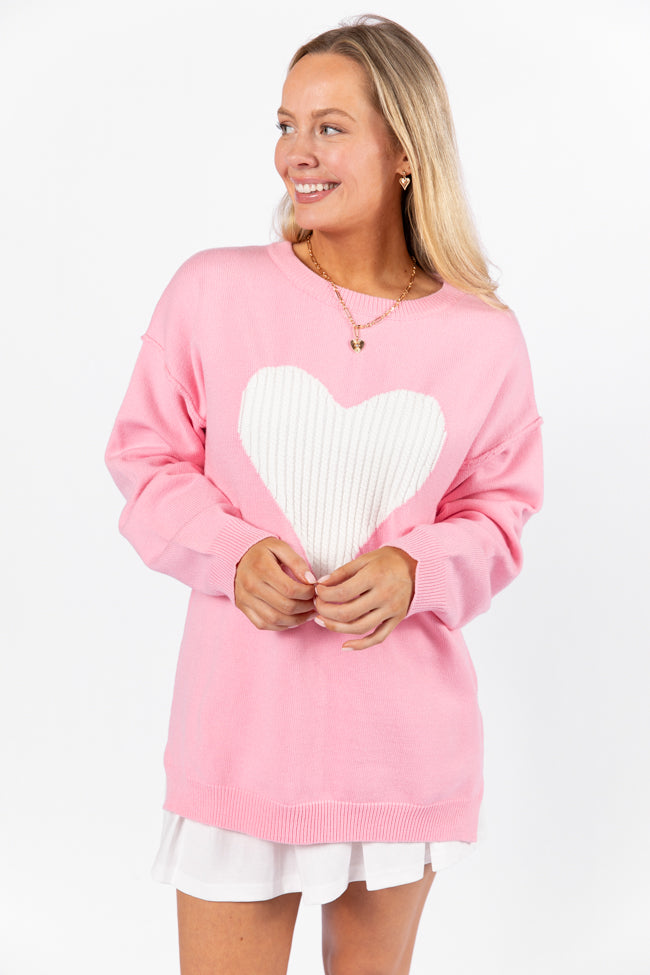 In My Heart Pink and Ivory Cable Knit Heart Sweater