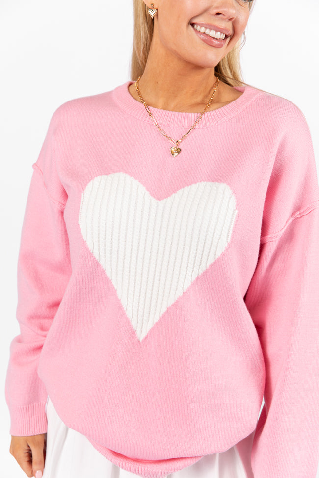 In My Heart Pink and Ivory Cable Knit Heart Sweater