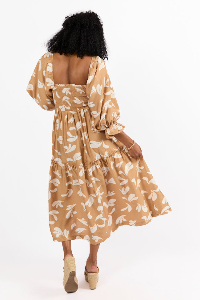 Swing Of Things Neutral Printed Smocked Midi Dress