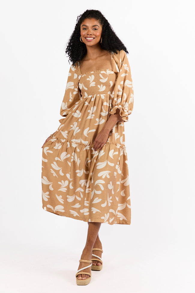 Swing Of Things Neutral Printed Smocked Midi Dress