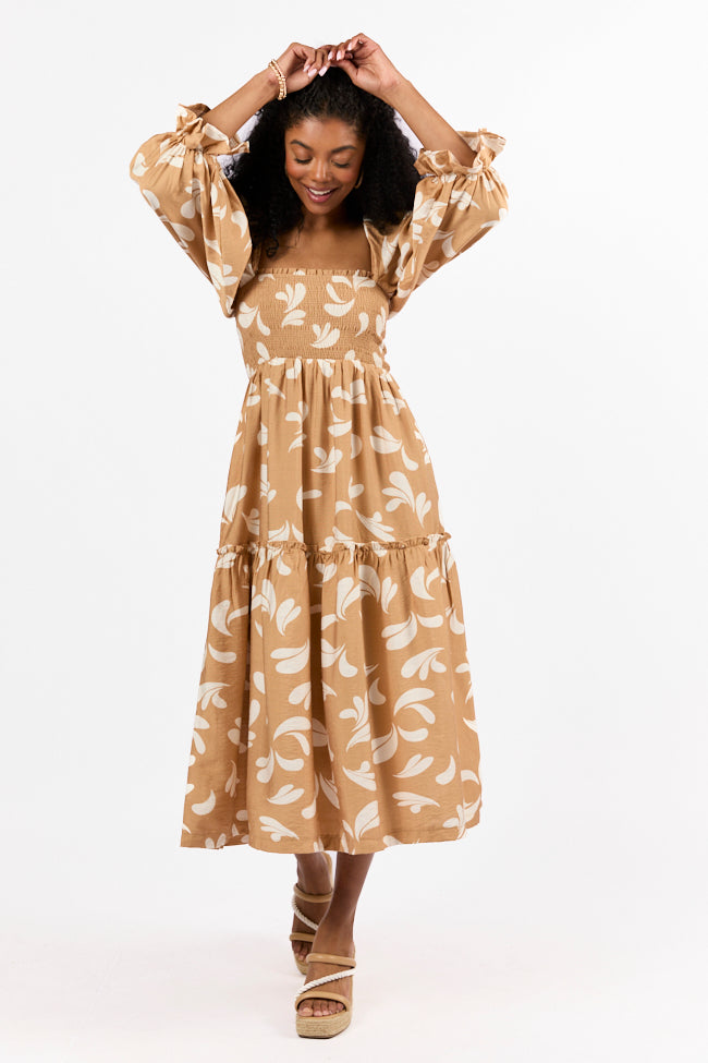 Swing Of Things Neutral Printed Smocked Midi Dress