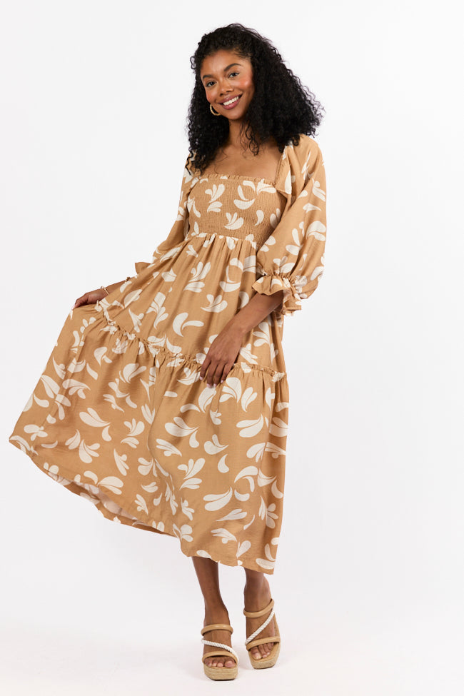 Swing Of Things Neutral Printed Smocked Midi Dress