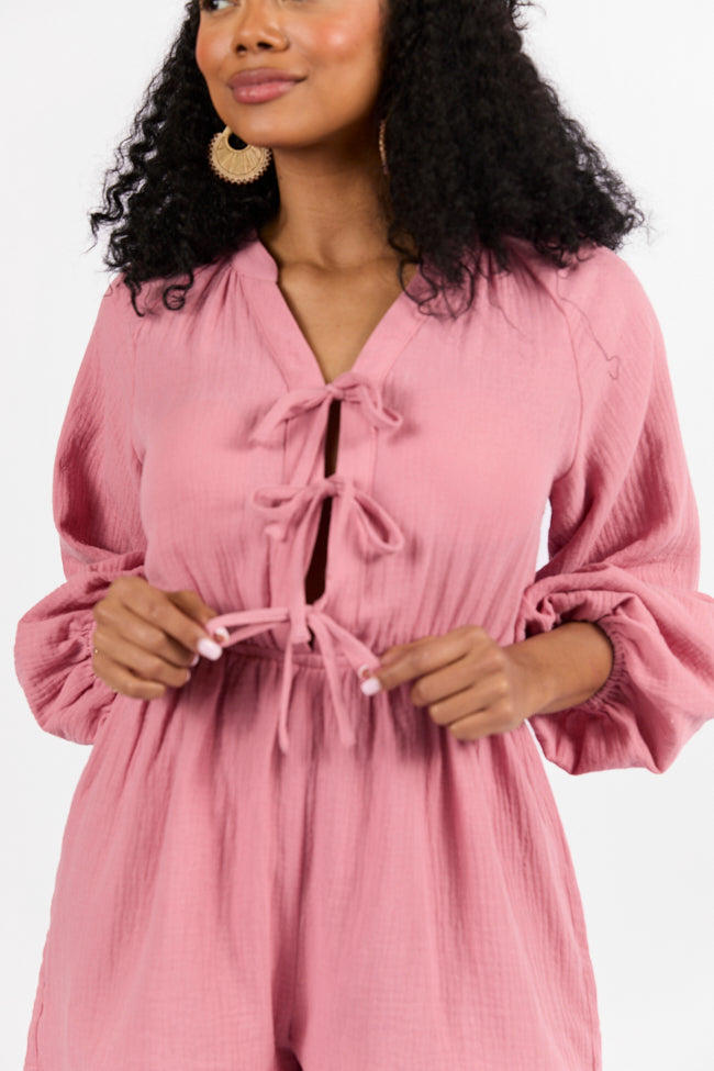 Endless Sunshine Pink Tie Front Long Sleeve Romper