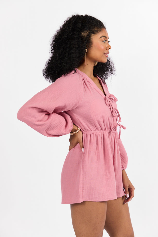 Endless Sunshine Pink Tie Front Long Sleeve Romper