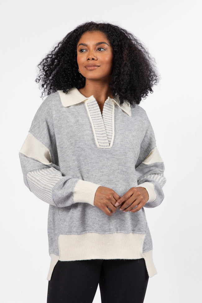 Think About It Heather Grey Collared Oversized Sweater