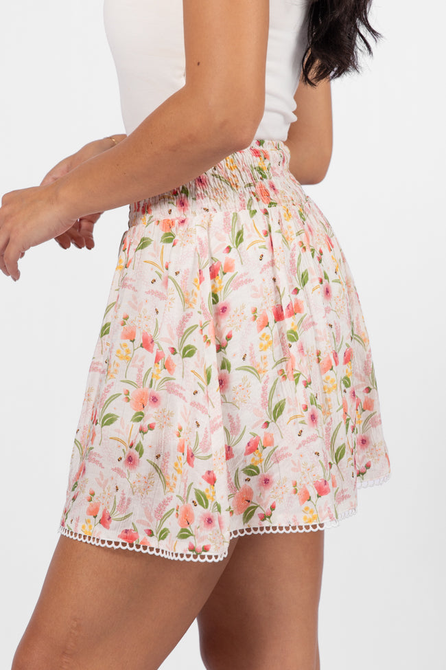 Through The Garden Ivory Multi Floral Eyelet Trim Mini Skort