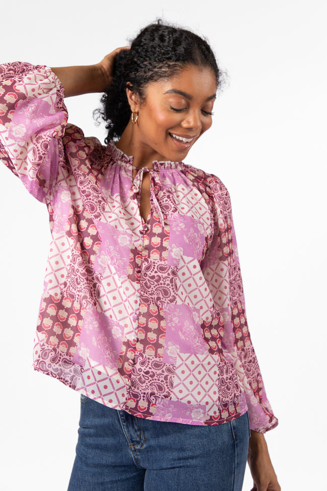 Fade Into You Purple Multi Button Detail Printed Blouse