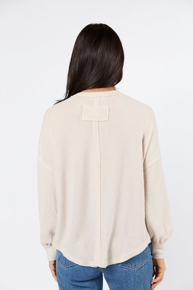 Any Other Way Oatmeal Brushed Rib Henley Knit Long Sleeve Top