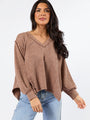 Never Say Never Mocha Ribbed Knit V-Neck Long Sleeve Top