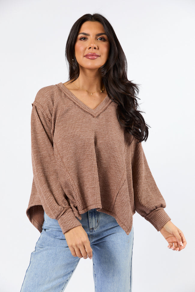 Never Say Never Mocha Ribbed Knit V-Neck Long Sleeve Top