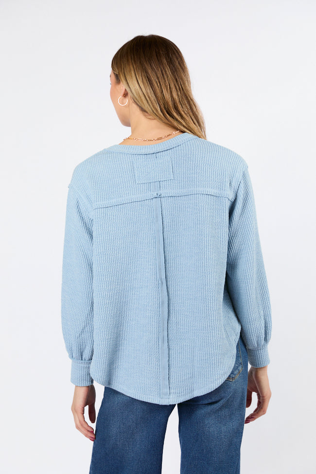 Never Say Never Dusty Blue Ribbed Knit V-Neck Long Sleeve Top