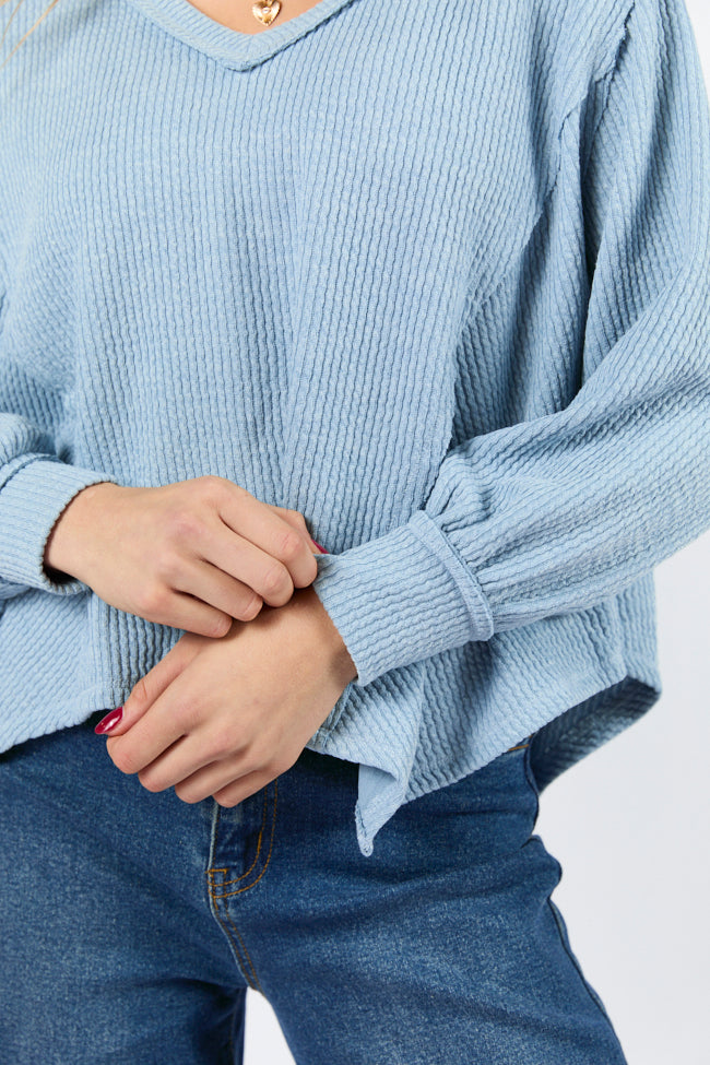 Never Say Never Dusty Blue Ribbed Knit V-Neck Long Sleeve Top