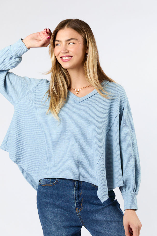 Never Say Never Dusty Blue Ribbed Knit V-Neck Long Sleeve Top