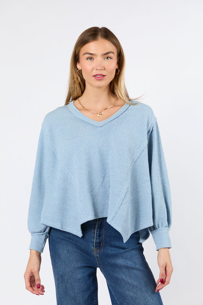 Never Say Never Dusty Blue Ribbed Knit V-Neck Long Sleeve Top