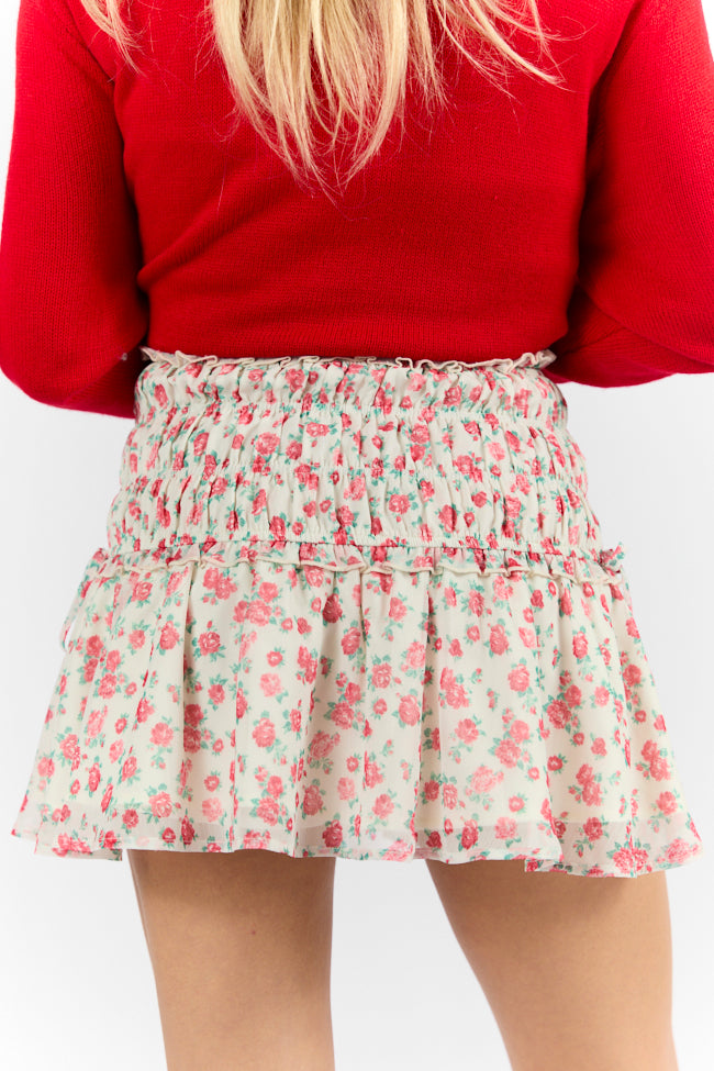 Cross My Path Ivory and Red Drop Smocked Waist Mini Skort