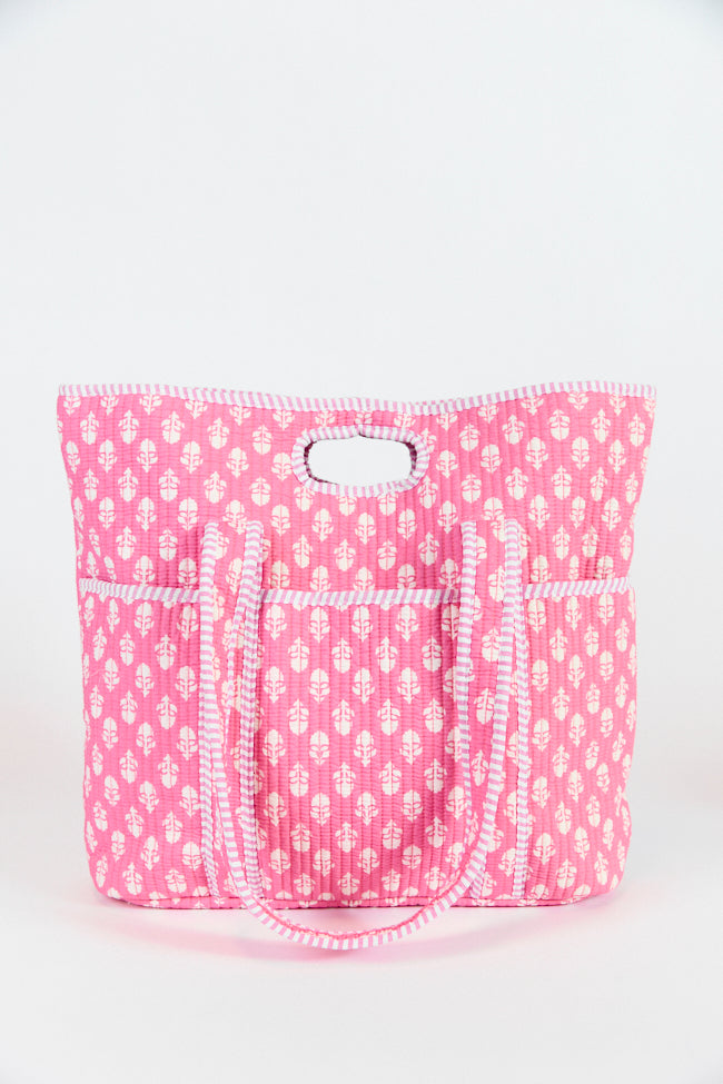 Sheri Pink Block Floral Quilted Tote Bag