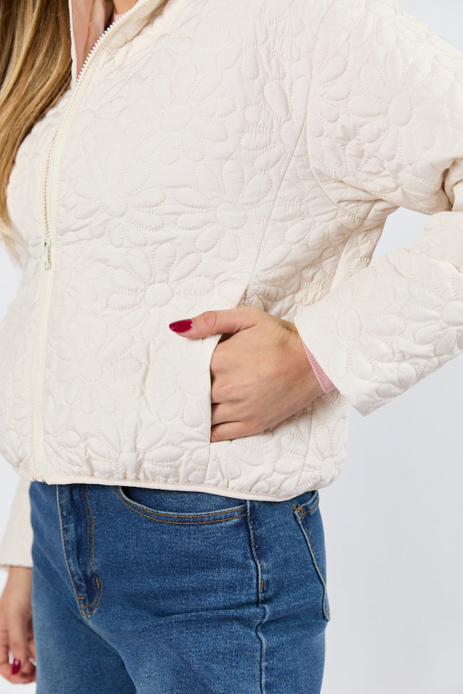 Full Bloom Cream Flower Quilted Zip Up Jacket