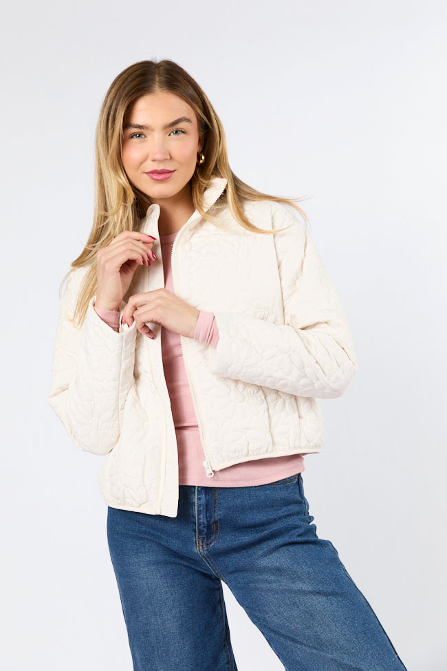 Full Bloom Cream Flower Quilted Zip Up Jacket