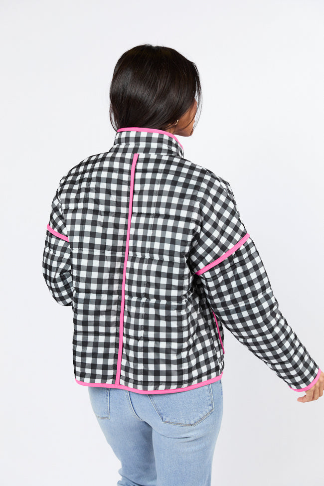 Going For It Black Gingham Printed Zip Up Jacket