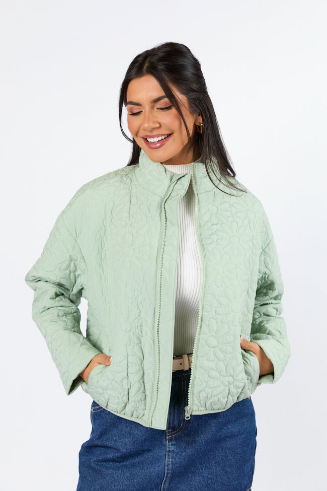 Full Bloom Sage Flower Quilted Zip Up Jacket